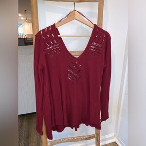 SOLD We the free burgundy long sleeve knit blouse beautiful stitch & split hem